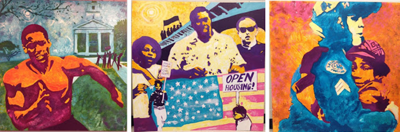 Three panels of Black Lives Matter murals